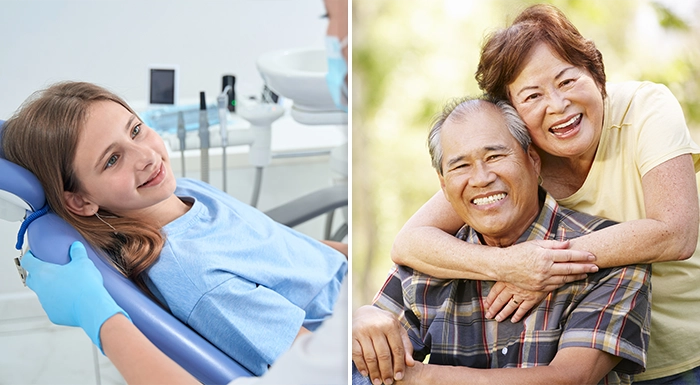 Collage Of Happy Patients: Child At The Dentist And Senior Couple